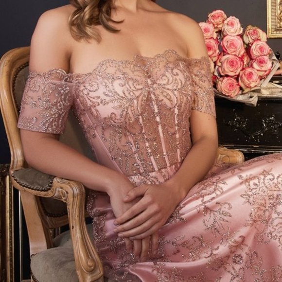 NEW LONG OFF THE SHOULDER EMBROIDERED DRESS WITH GLITTER PRINT A-LINE CD J835